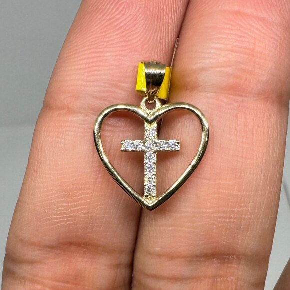 14KT Gold Heart Cross Cubic Zirconia Cute Women Girls Cute Charm Pendants - Picture 1 of 3
